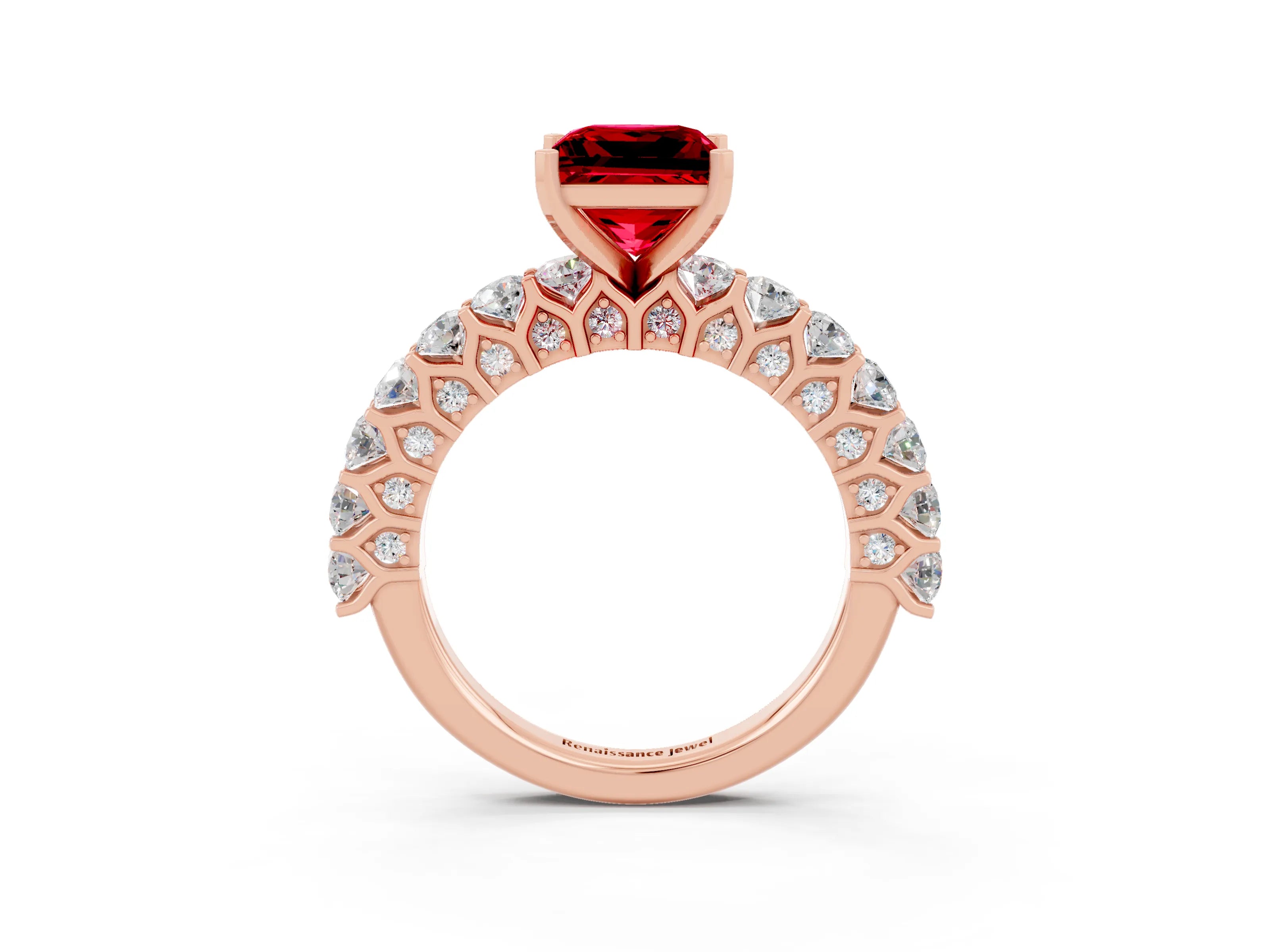 Rose gold Princess Cut Ruby Solitaire Ring with Shared Prong Pavé Band and Four-Prong Setting_3