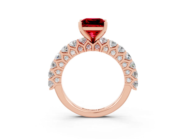 Rose gold Princess Cut Ruby Solitaire Ring with Shared Prong Pavé Band and Four-Prong Setting