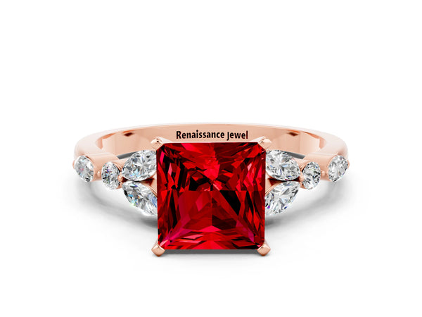 Rose gold Princess Cut Ruby Solitaire Ring with Side Stones and Four-Prong Setting