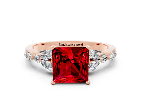 Rose gold Princess Cut Ruby Solitaire Ring with Side Stones and Four-Prong Setting_12