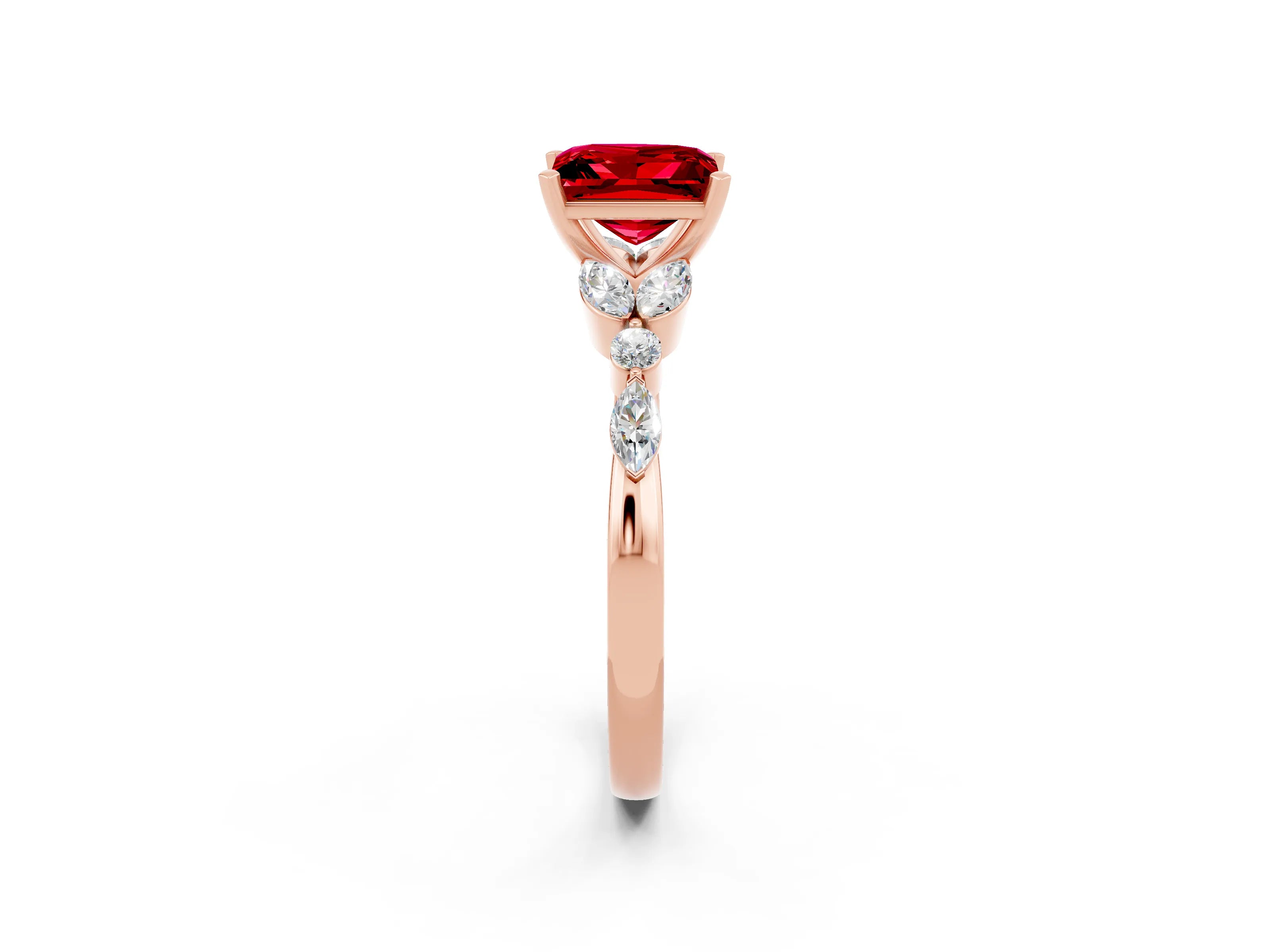 Rose gold Princess Cut Ruby Solitaire Ring with Side Stones and Four-Prong Setting_14