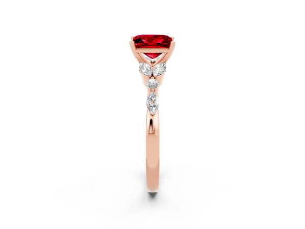 Rose gold Princess Cut Ruby Solitaire Ring with Side Stones and Four-Prong Setting