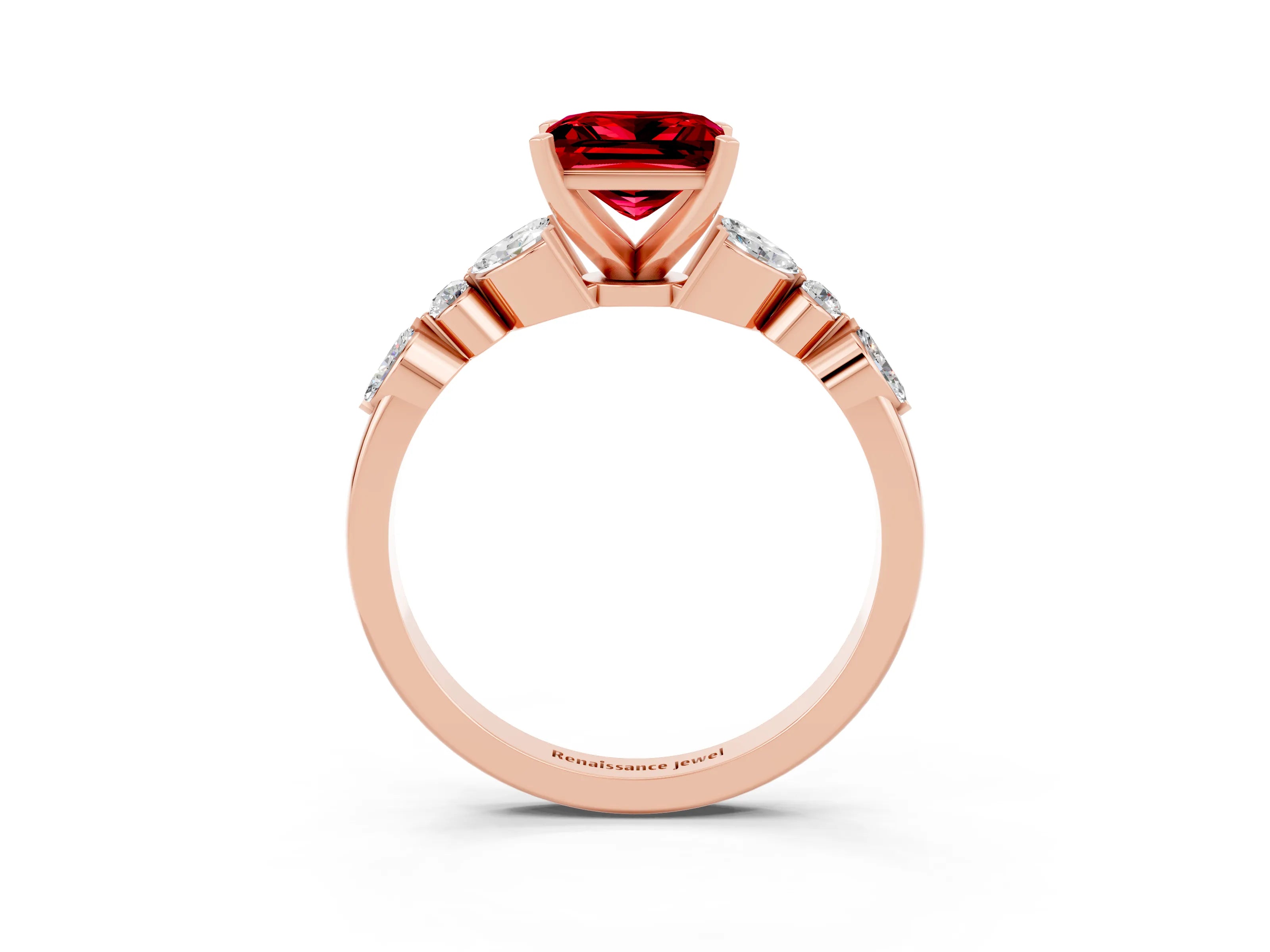 Rose gold Princess Cut Ruby Solitaire Ring with Side Stones and Four-Prong Setting_15
