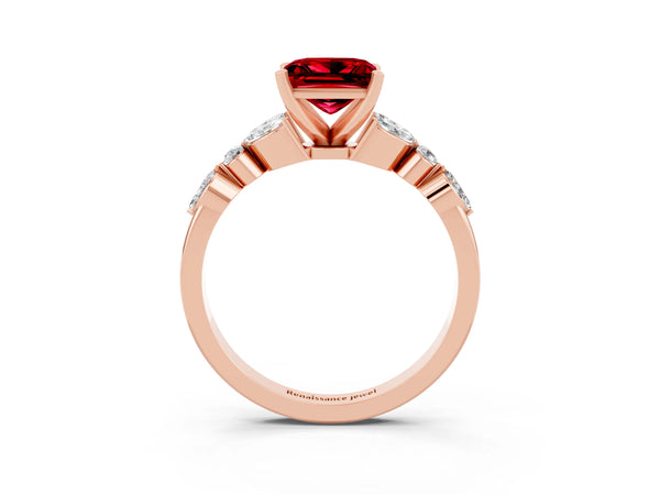 Rose gold Princess Cut Ruby Solitaire Ring with Side Stones and Four-Prong Setting