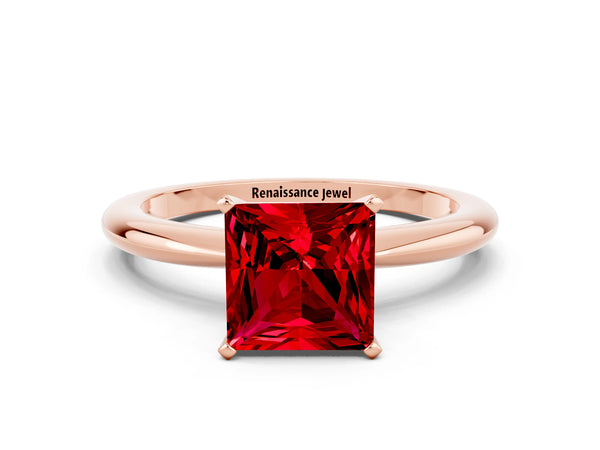 Rose gold Princess Cut Ruby Solitaire Ring with Six-Prong Setting and Classic Band