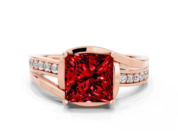 Rose gold Princess Cut Ruby Solitaire Ring with Split Shank and Prong Setting