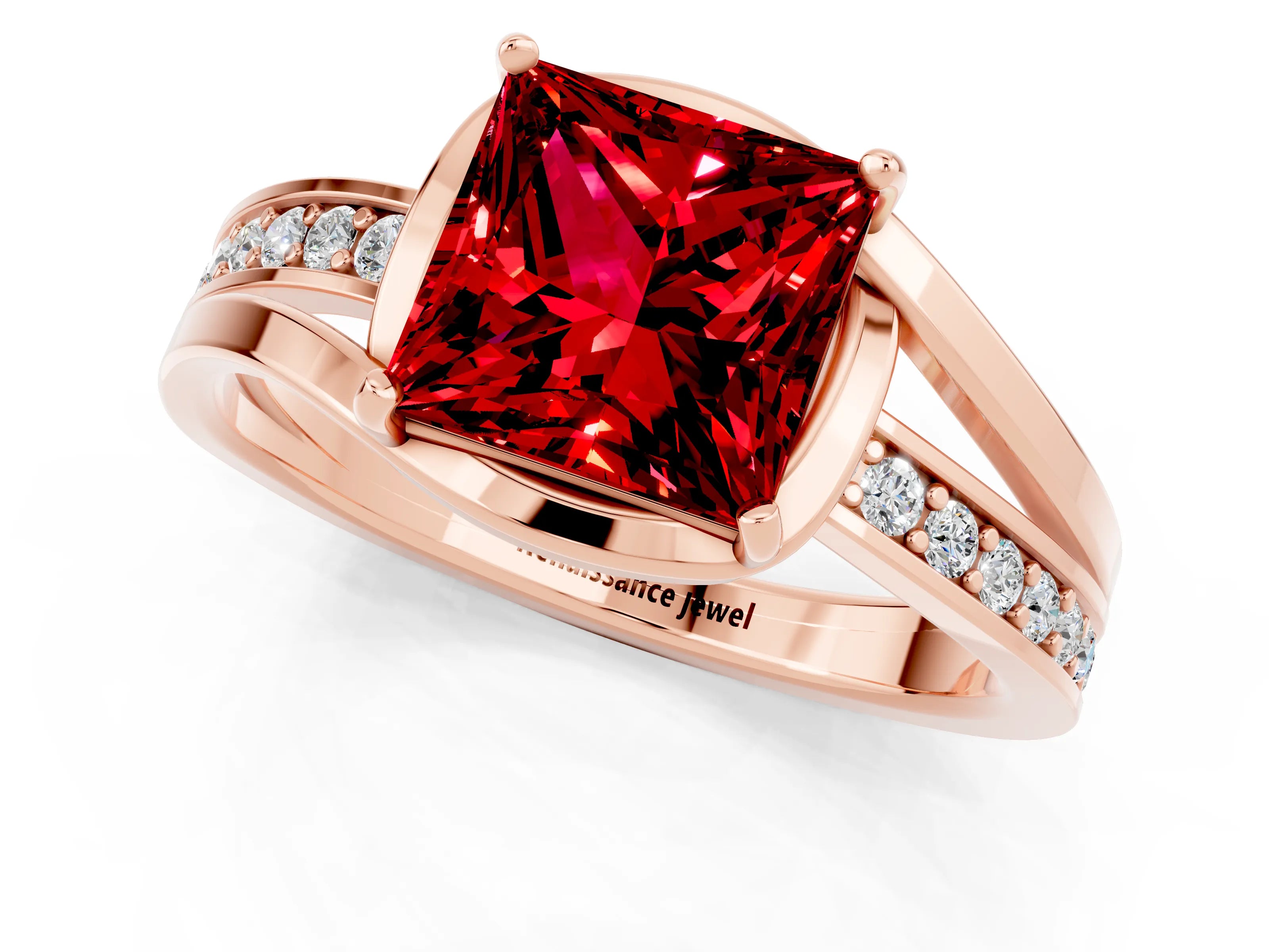 Rose gold Princess Cut Ruby Solitaire Ring with Split Shank and Prong Setting_1