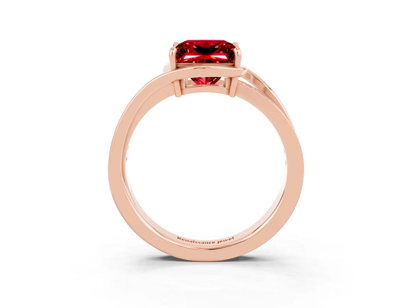 Rose gold Princess Cut Ruby Solitaire Ring with Split Shank and Prong Setting