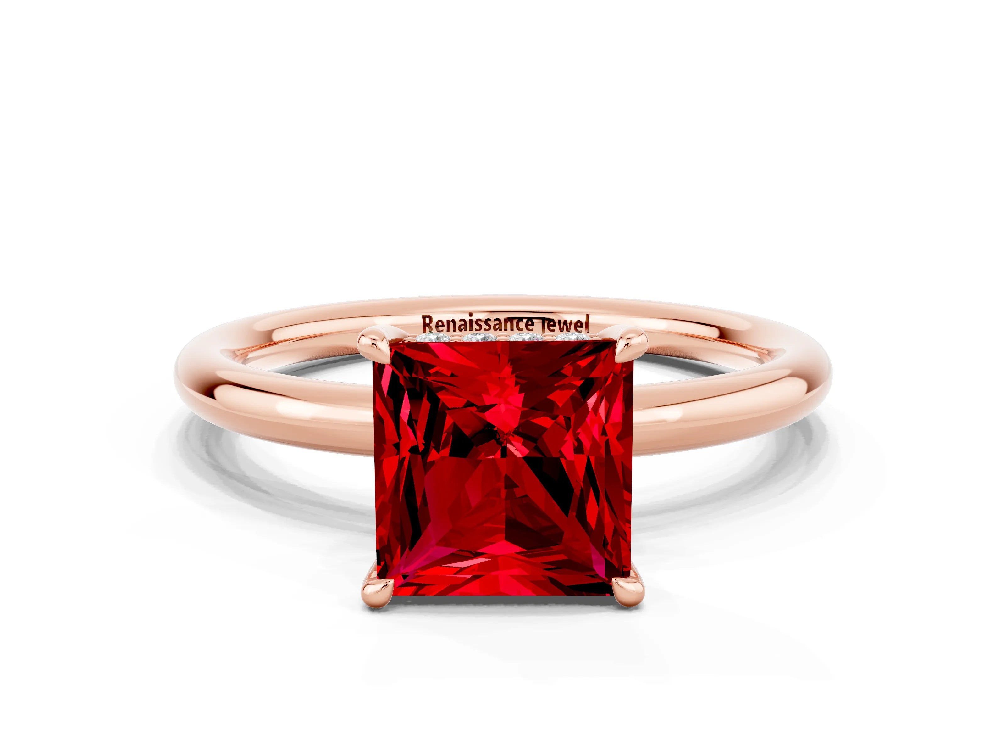 Rose gold Princess Cut Ruby Solitaire Ring with Thin Band and Four-Prong Setting