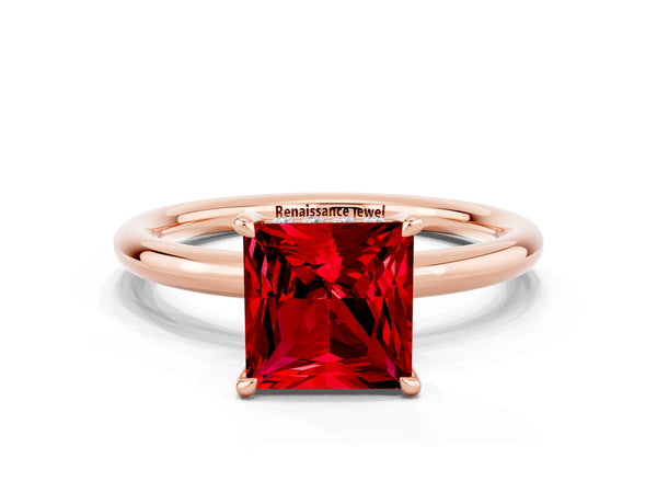 Rose gold Princess Cut Ruby Solitaire Ring with Thin Band and Four-Prong Setting