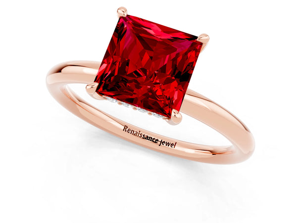 Rose gold Princess Cut Ruby Solitaire Ring with Thin Band and Four-Prong Setting