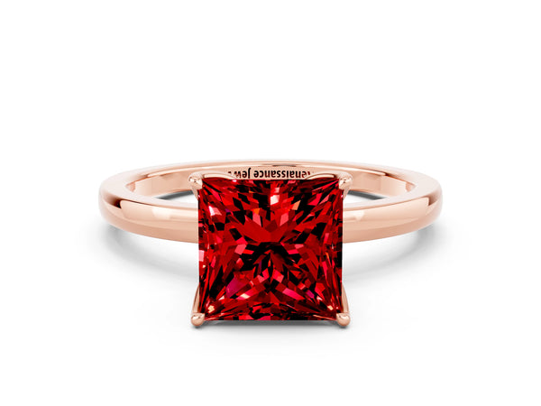 Rose gold Princess Cut Ruby Solitaire Ring with Thin Band and Prong Setting