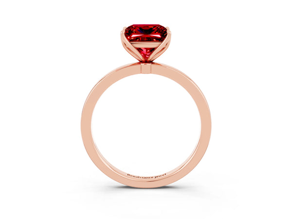 Rose gold Princess Cut Ruby Solitaire Ring with Thin Band and Prong Setting