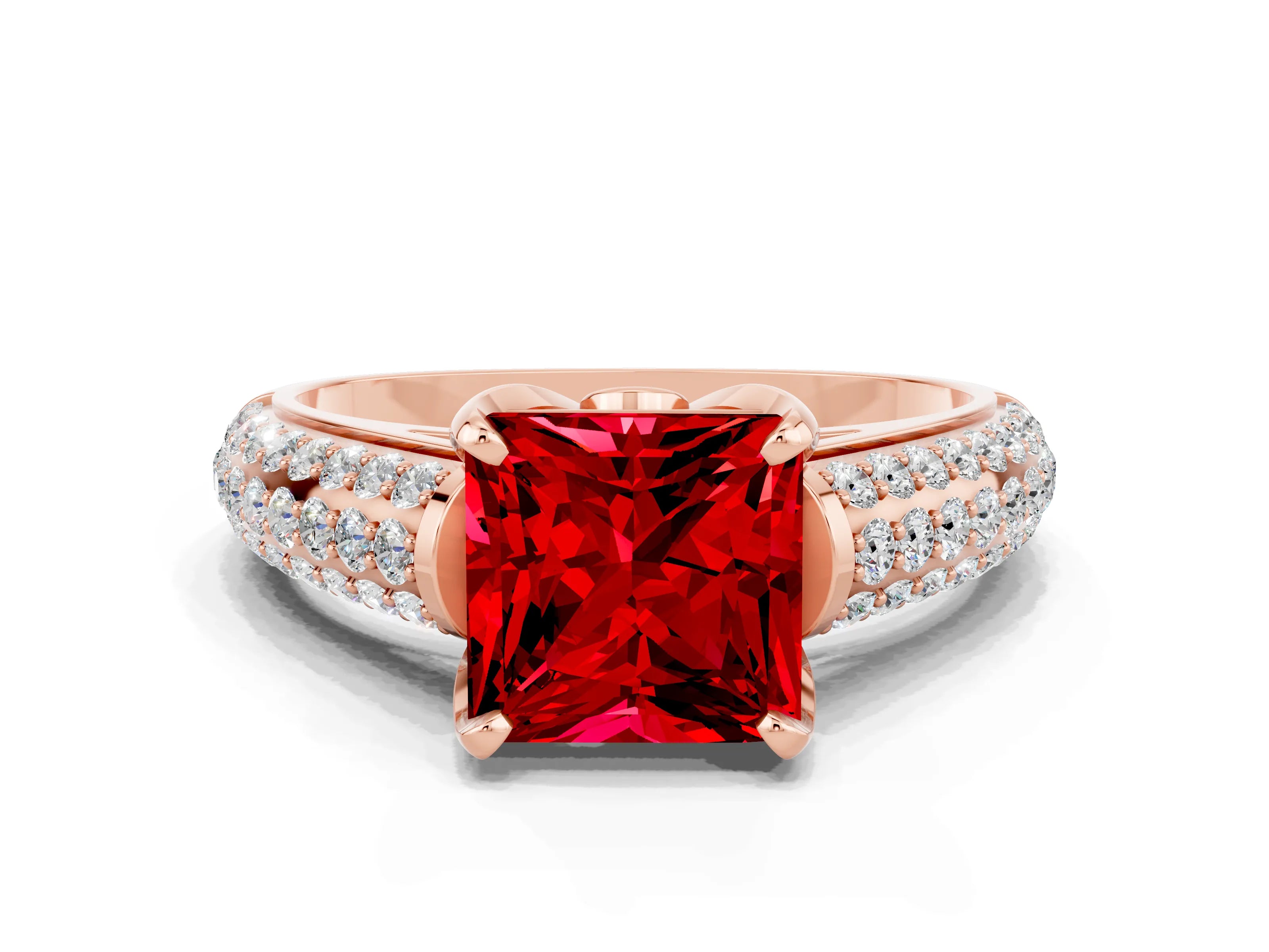 Rose gold Princess Cut Ruby Solitaire Ring with Three-Row Pavé Band and Four-Prong Setting_12