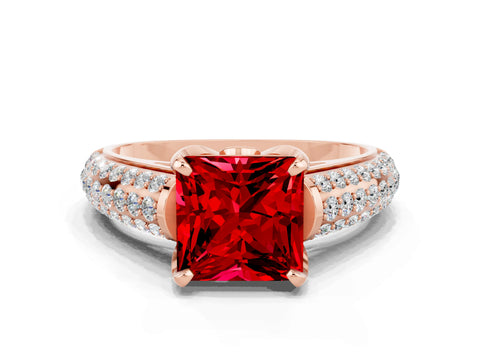Rose gold Princess Cut Ruby Solitaire Ring with Three-Row Pavé Band and Four-Prong Setting_12