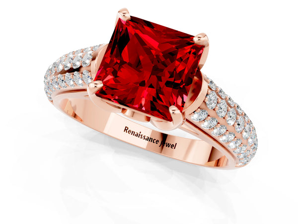 Rose gold Princess Cut Ruby Solitaire Ring with Three-Row Pavé Band and Four-Prong Setting