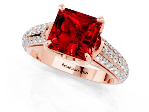 Rose gold Princess Cut Ruby Solitaire Ring with Three-Row Pavé Band and Four-Prong Setting_13