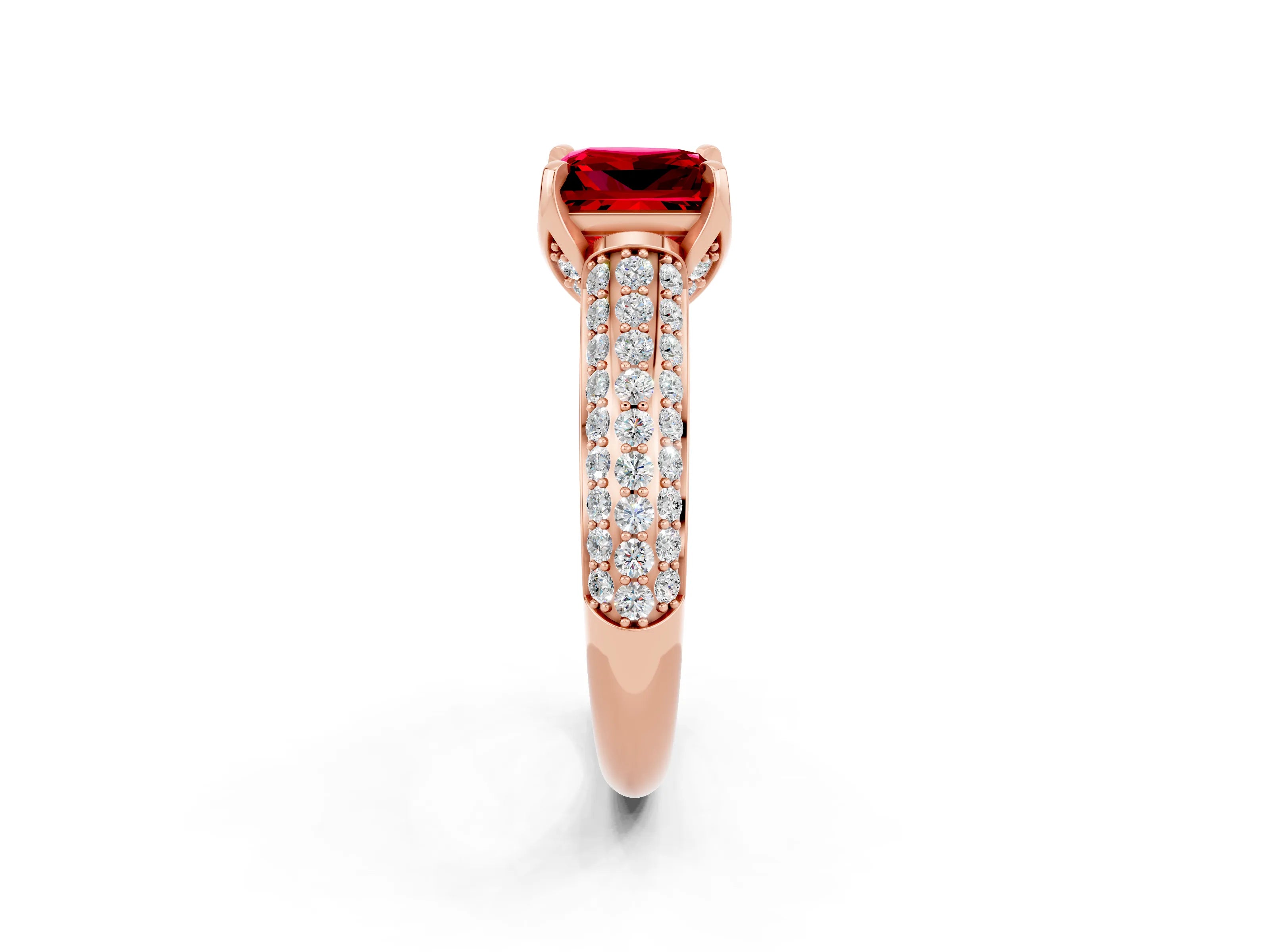 Rose gold Princess Cut Ruby Solitaire Ring with Three-Row Pavé Band and Four-Prong Setting_14
