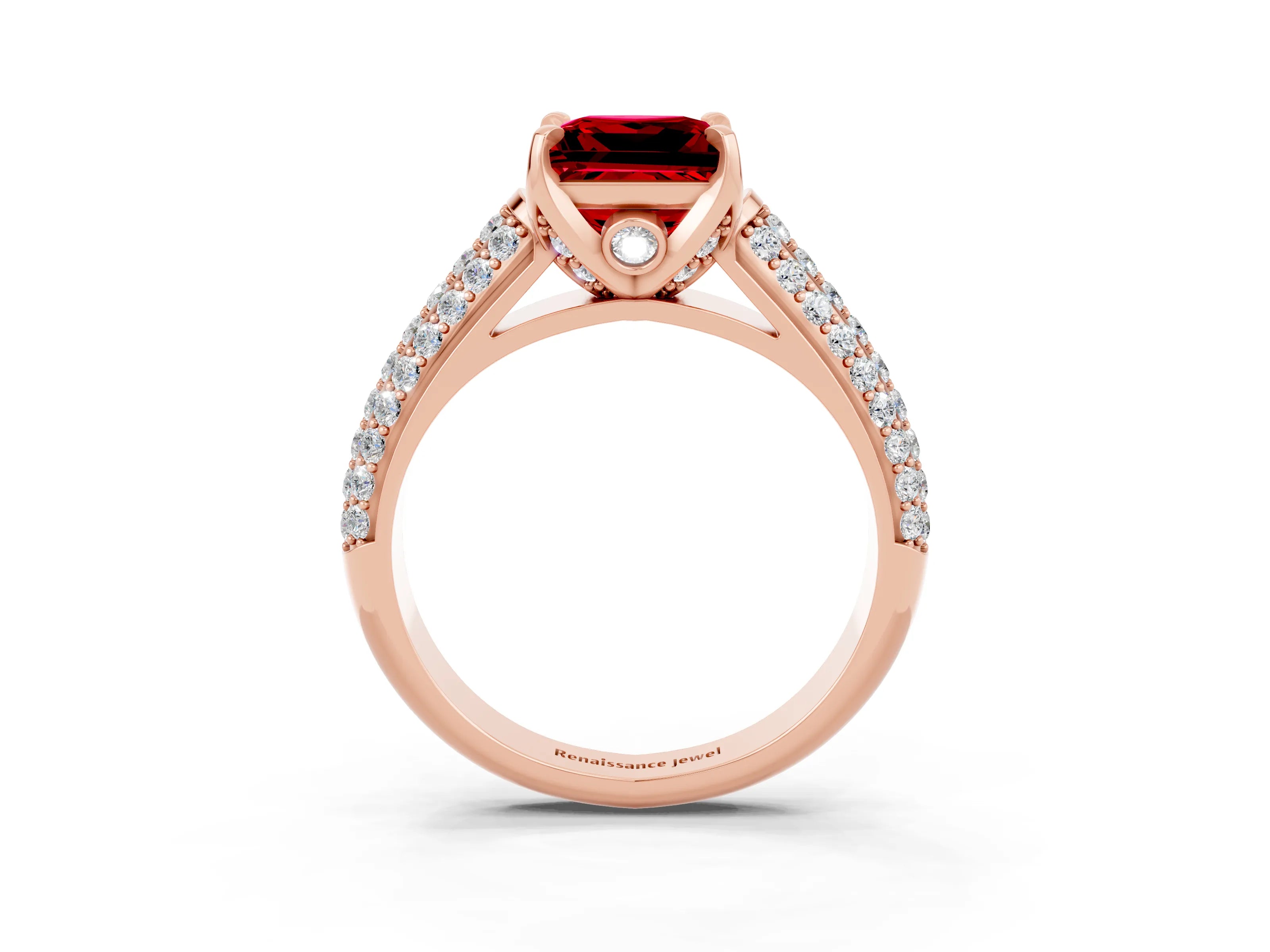 Rose gold Princess Cut Ruby Solitaire Ring with Three-Row Pavé Band and Four-Prong Setting_15