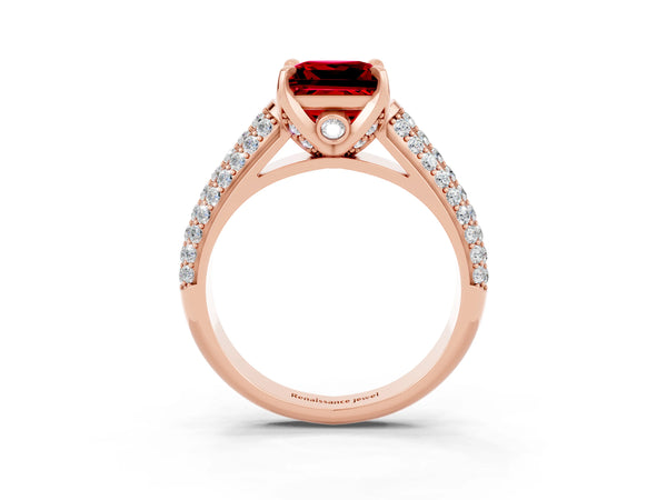 Rose gold Princess Cut Ruby Solitaire Ring with Three-Row Pavé Band and Four-Prong Setting