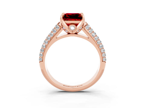 Rose gold Princess Cut Ruby Solitaire Ring with Three-Row Pavé Band and Four-Prong Setting_15