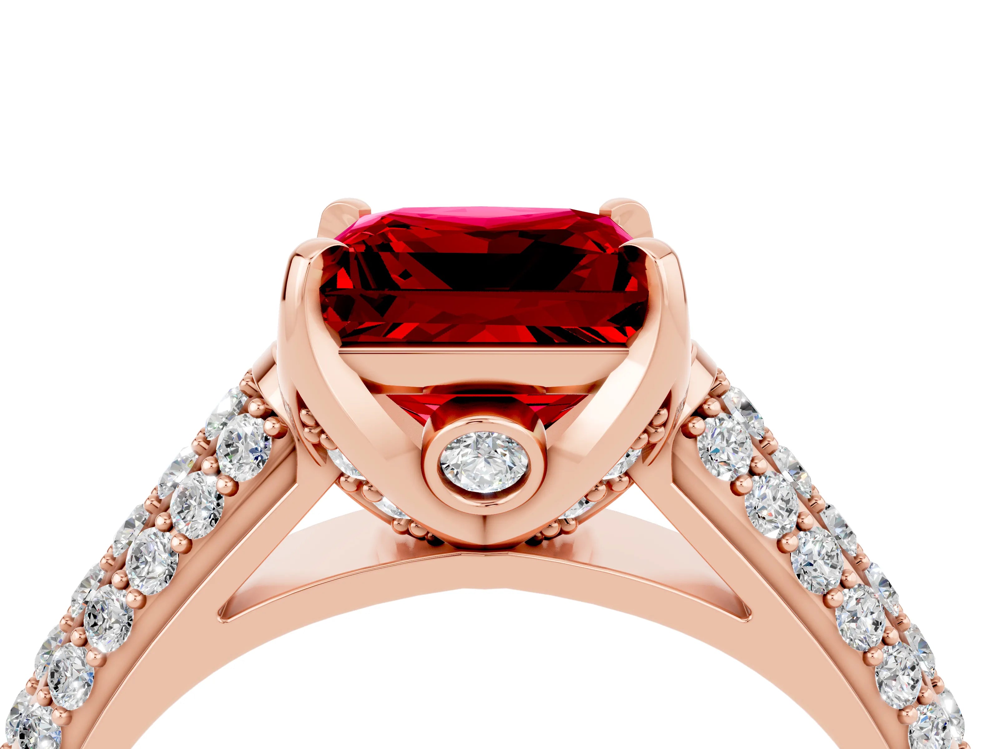 Rose gold Princess Cut Ruby Solitaire Ring with Three-Row Pavé Band and Four-Prong Setting_16