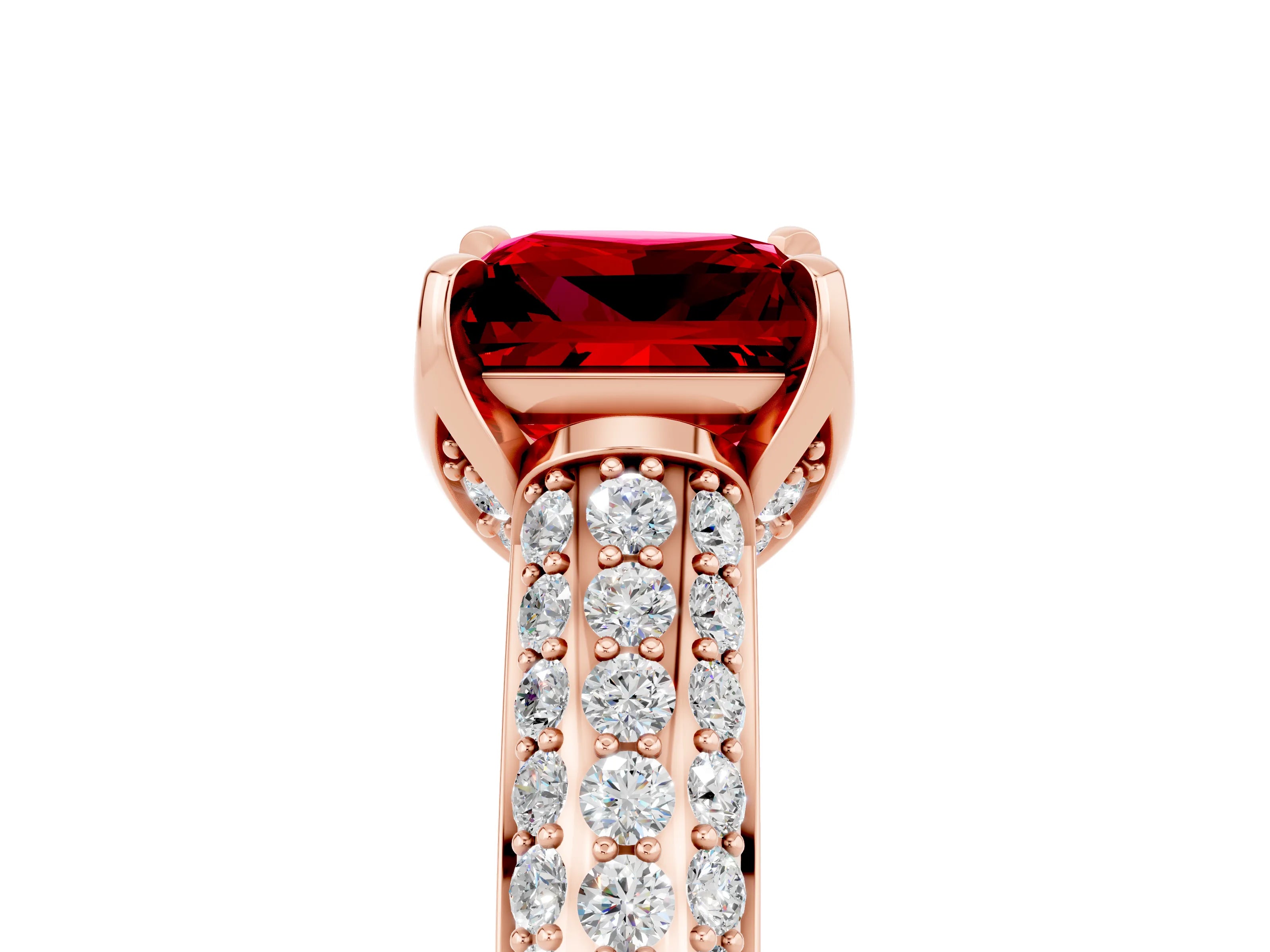 Rose gold Princess Cut Ruby Solitaire Ring with Three-Row Pavé Band and Four-Prong Setting_17