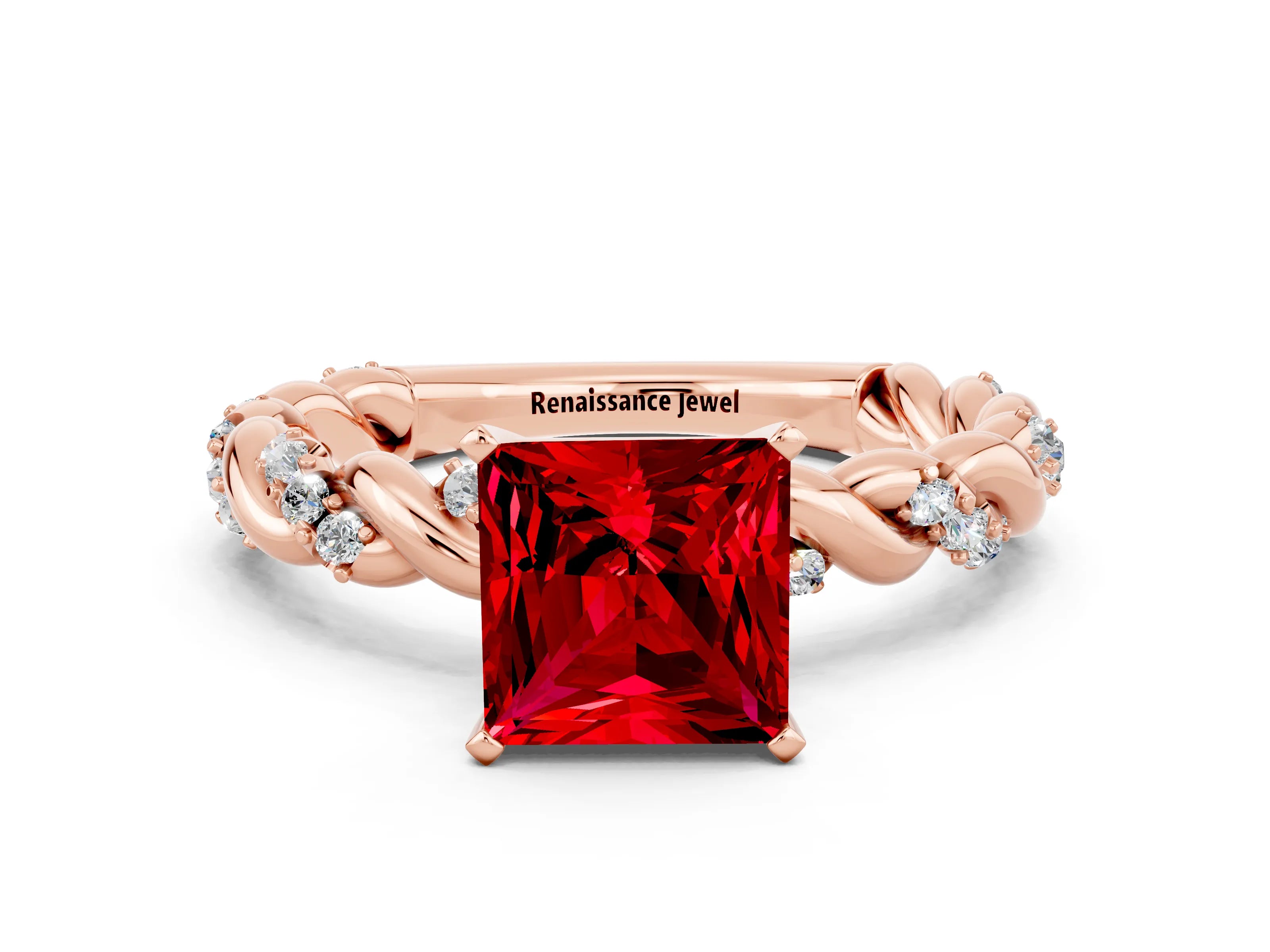 Rose gold Princess Cut Ruby Solitaire Ring with Twisted Band and Pavé Accents