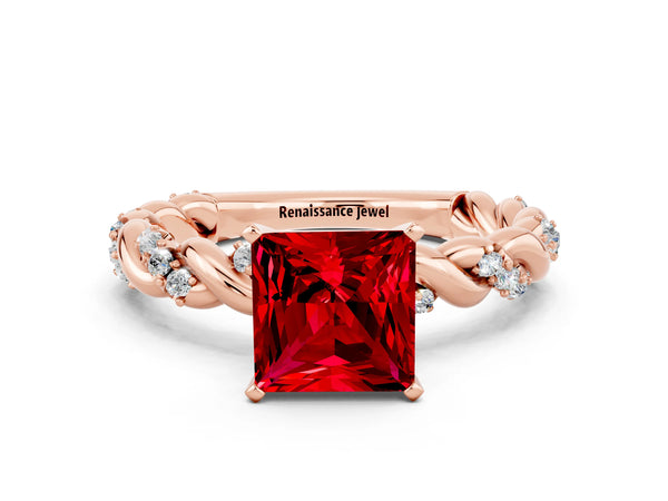 Rose gold Princess Cut Ruby Solitaire Ring with Twisted Band and Pavé Accents