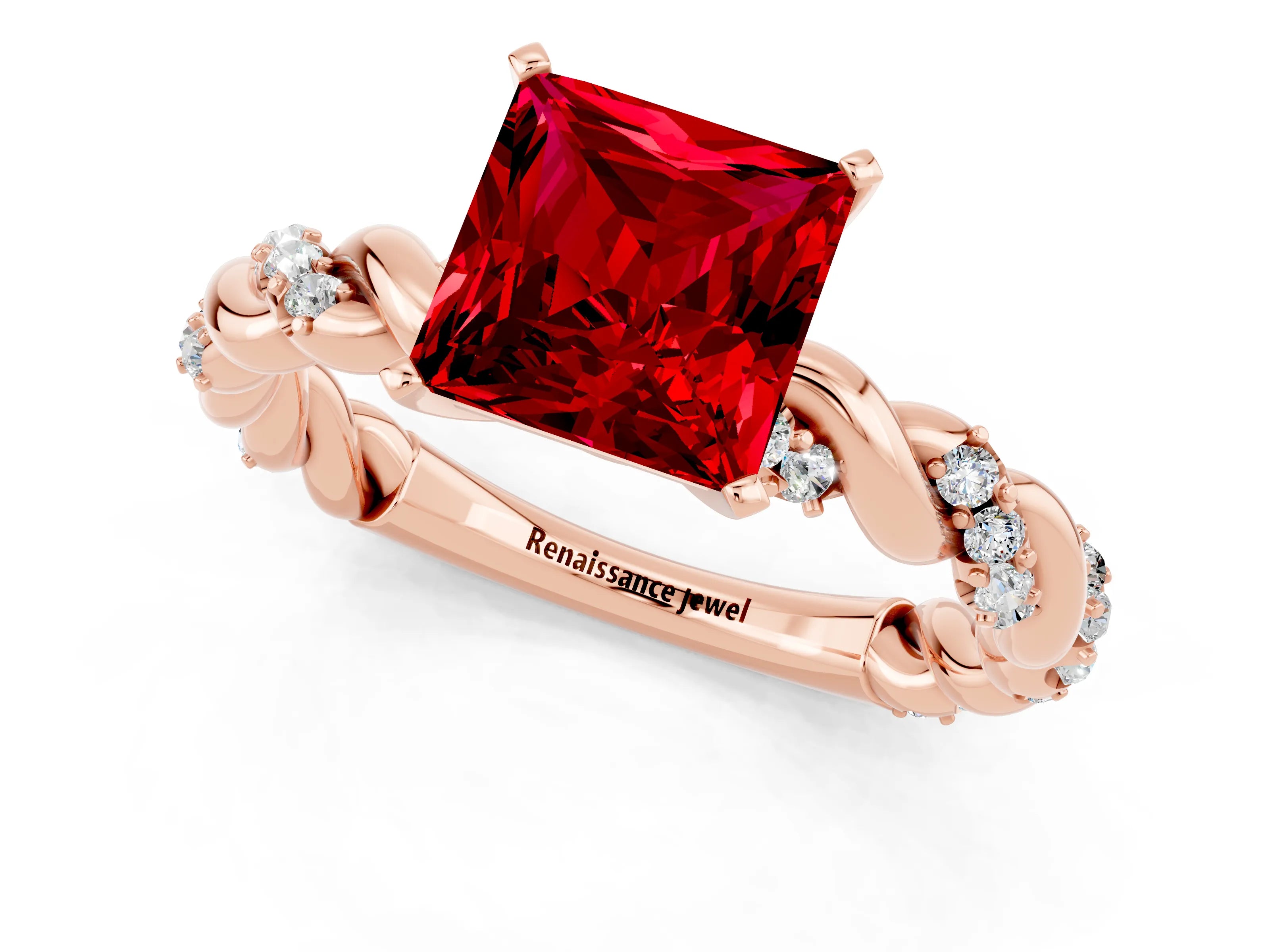 Rose gold Princess Cut Ruby Solitaire Ring with Twisted Band and Pavé Accents_1