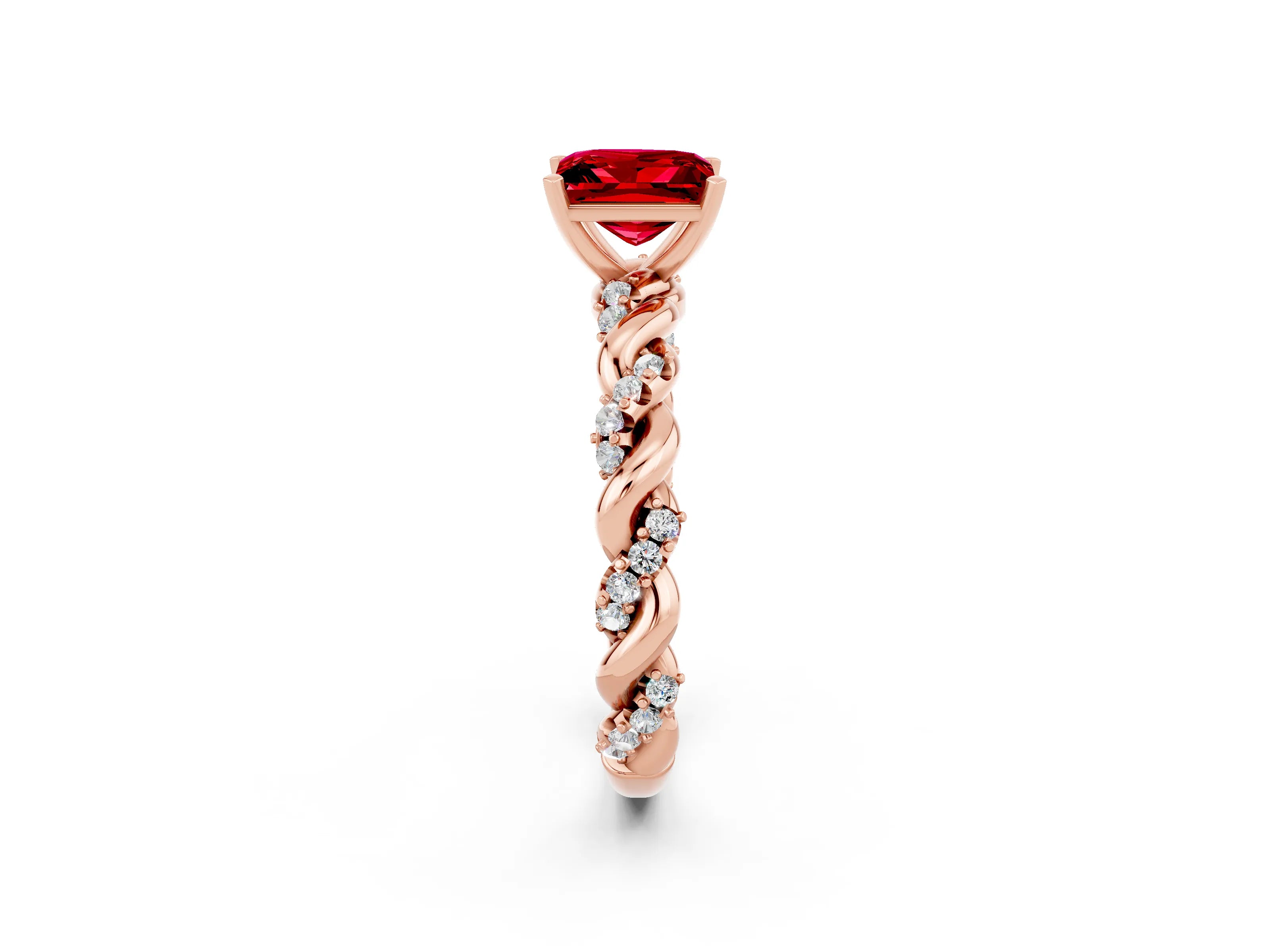 Rose gold Princess Cut Ruby Solitaire Ring with Twisted Band and Pavé Accents_2