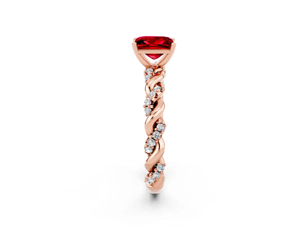 Rose gold Princess Cut Ruby Solitaire Ring with Twisted Band and Pavé Accents