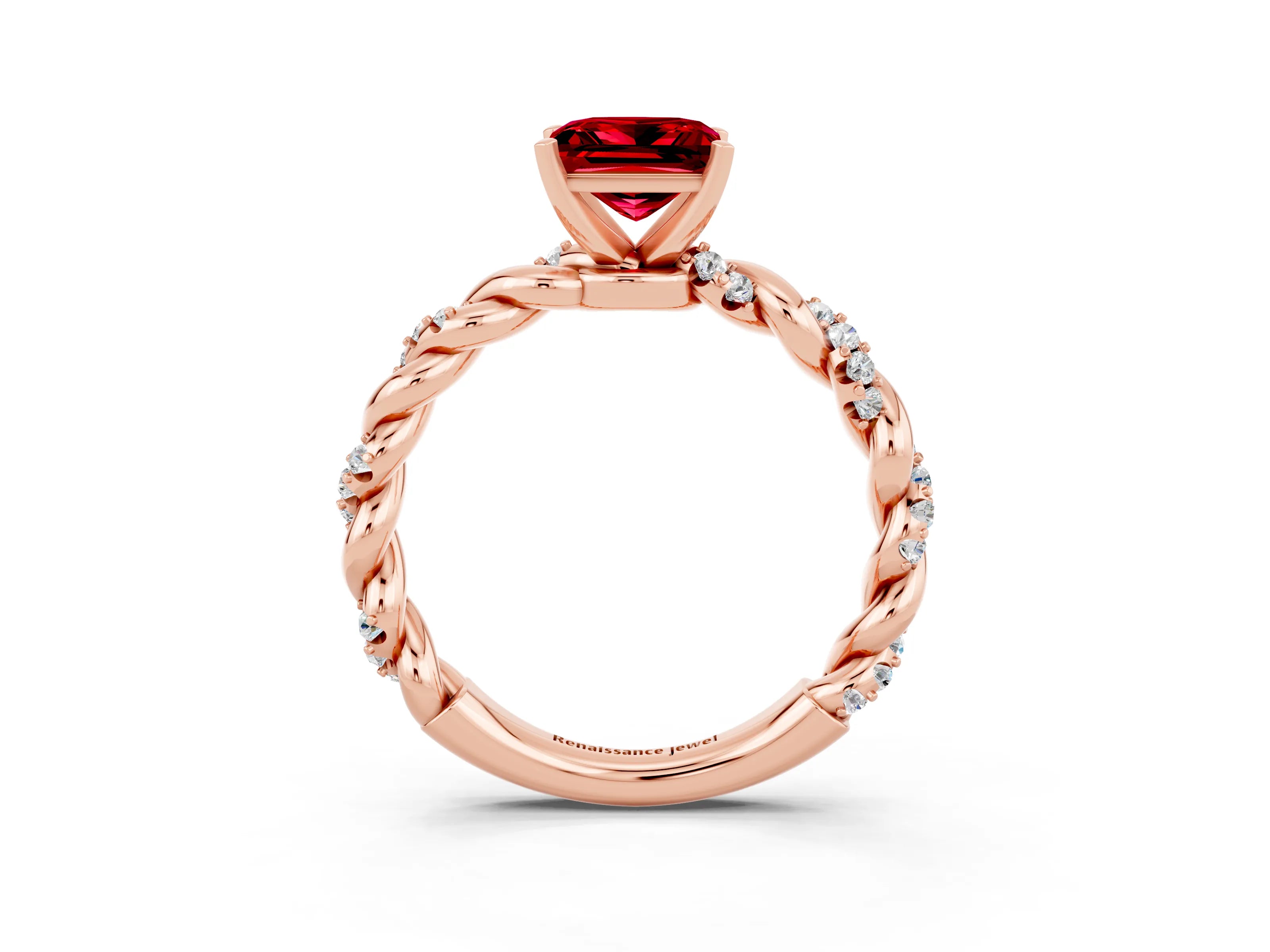 Rose gold Princess Cut Ruby Solitaire Ring with Twisted Band and Pavé Accents_3