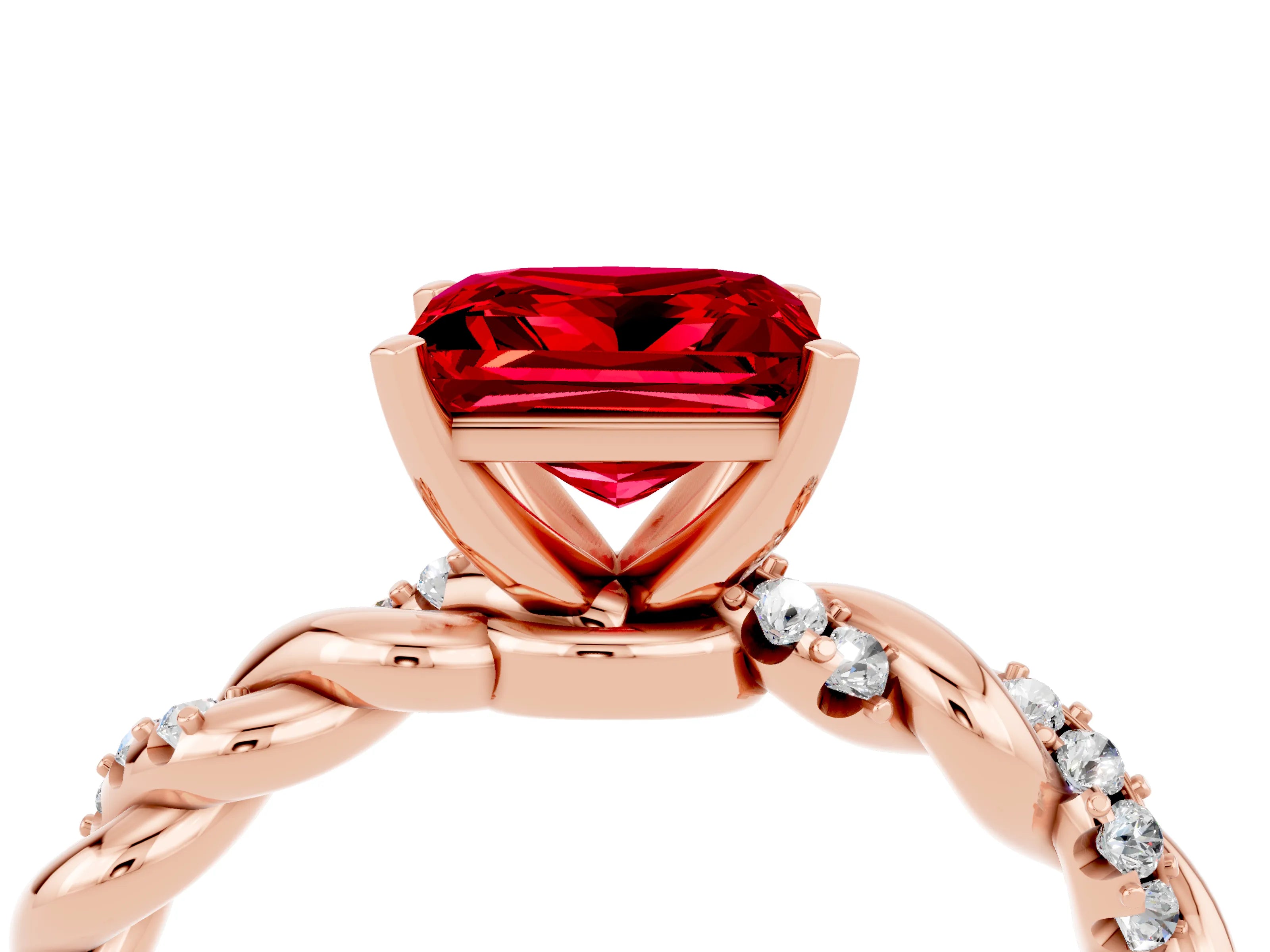 Rose gold Princess Cut Ruby Solitaire Ring with Twisted Band and Pavé Accents_4