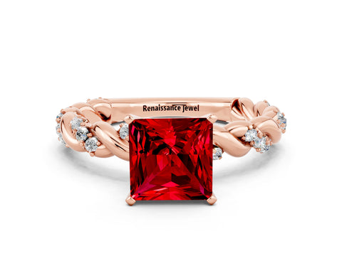 Rose gold Princess Cut Ruby Solitaire Ring with Twisted Band and Pavé Accents