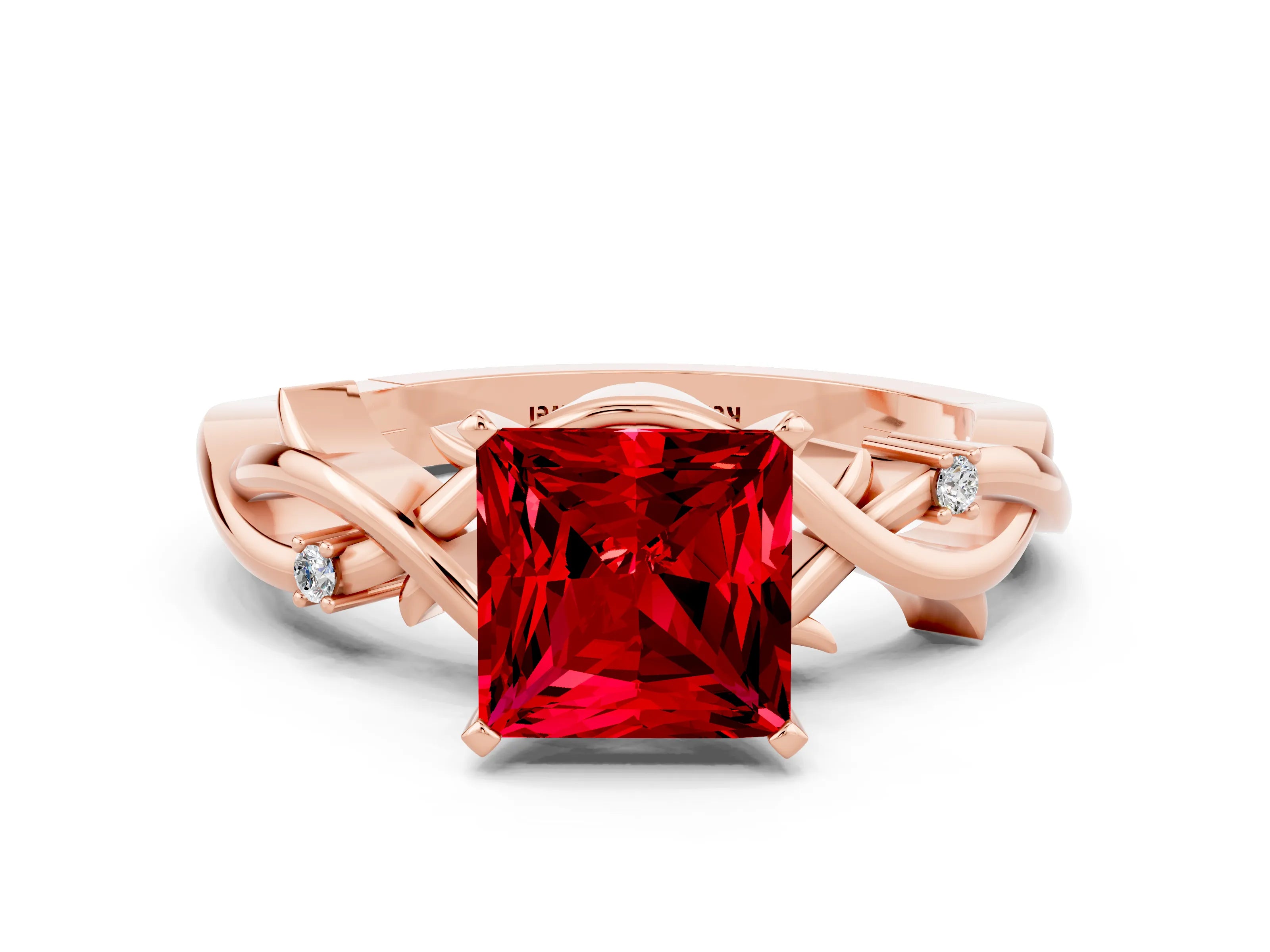 Rose gold Princess Cut Ruby Solitaire Ring with Twisted Band and Prong Setting
