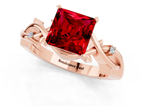 Rose gold Princess Cut Ruby Solitaire Ring with Twisted Band and Prong Setting_1