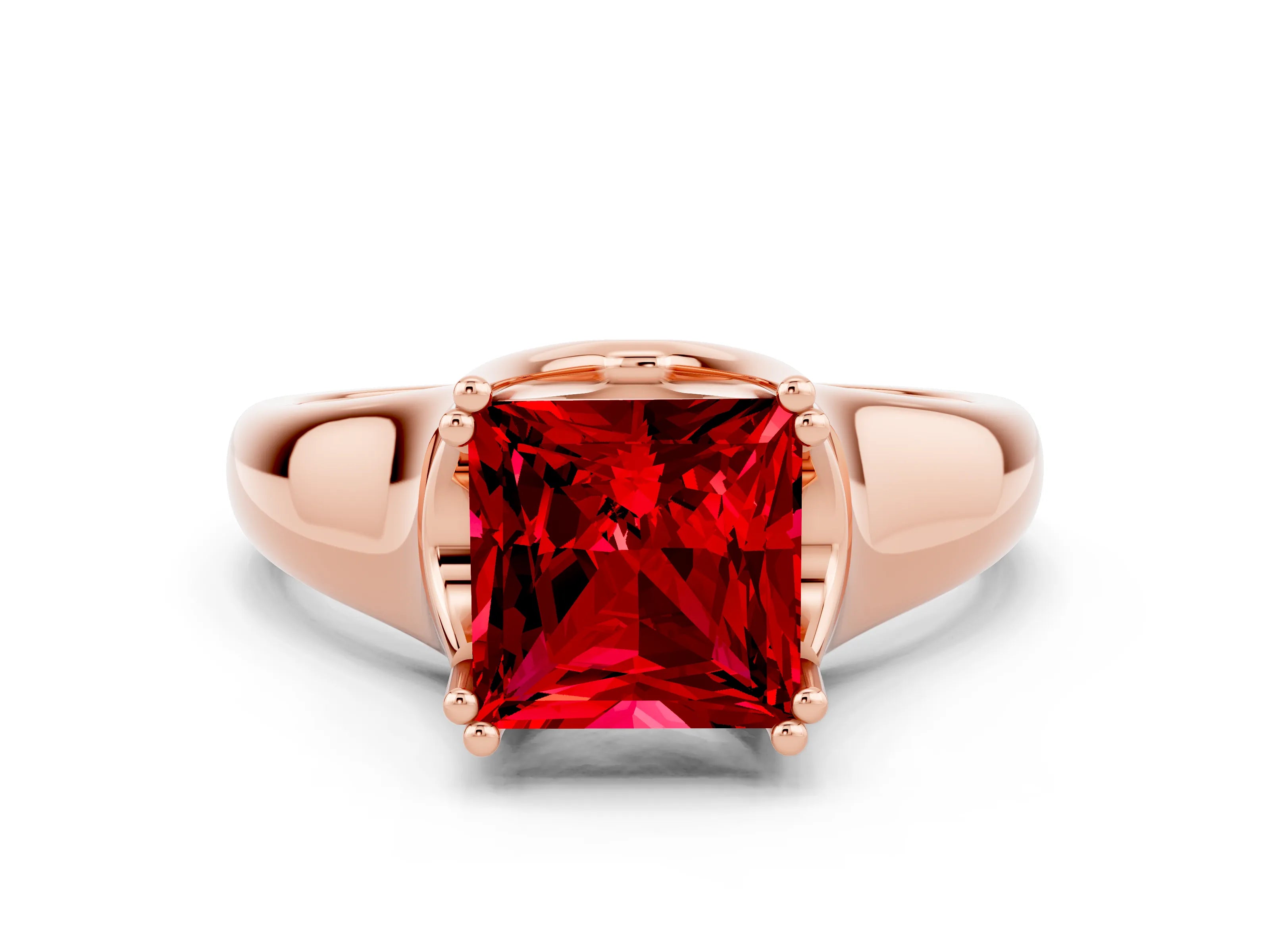 Rose gold Princess Cut Ruby Solitaire Ring with Wide Band and Prong Setting