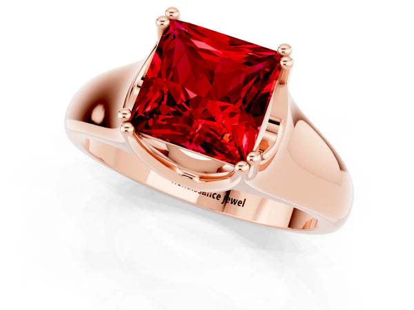 Rose gold Princess Cut Ruby Solitaire Ring with Wide Band and Prong Setting