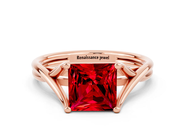 Rose gold Princess Cut Ruby Solitaire Twist Band Prong Setting Ring