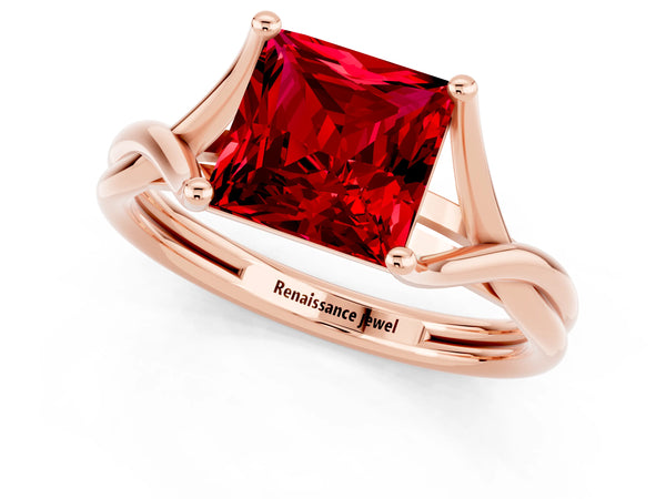 Rose gold Princess Cut Ruby Solitaire Twist Band Prong Setting Ring