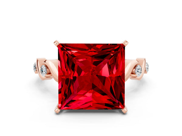 Rose gold Princess Cut Ruby Solitaire Twisted Band with Round  Accents and Prong Setting