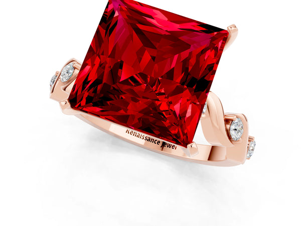 Rose gold Princess Cut Ruby Solitaire Twisted Band with Round  Accents and Prong Setting