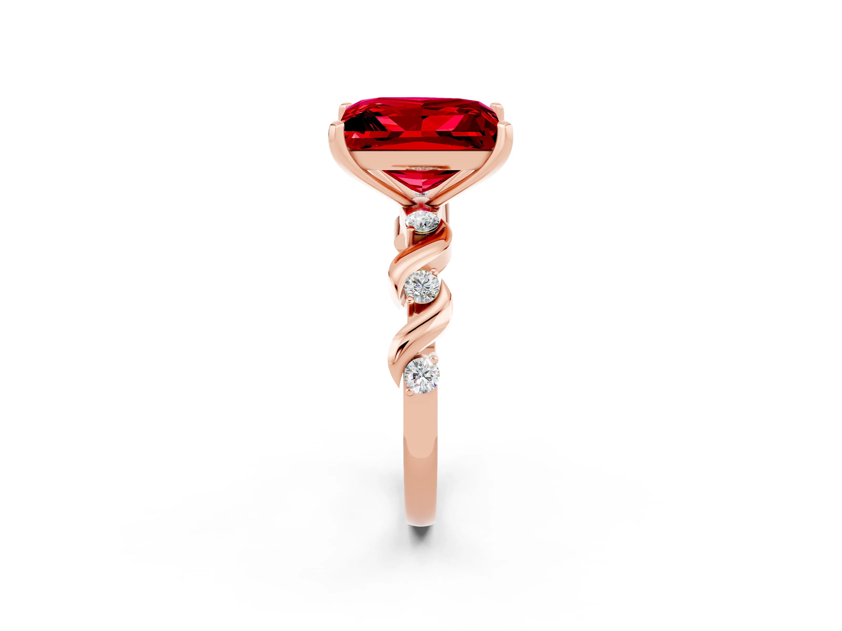 Rose gold Princess Cut Ruby Solitaire Twisted Band with Round  Accents and Prong Setting_14