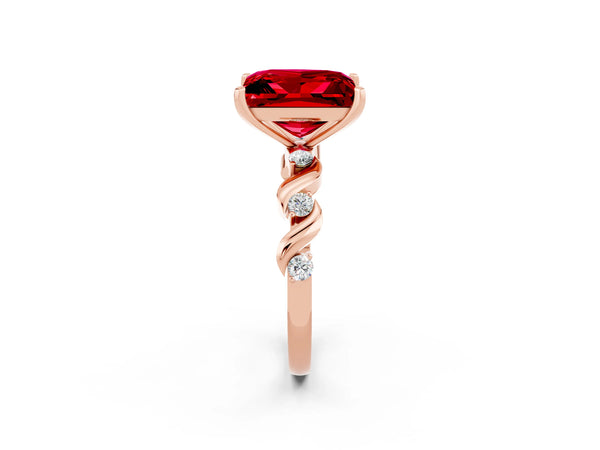 Rose gold Princess Cut Ruby Solitaire Twisted Band with Round  Accents and Prong Setting