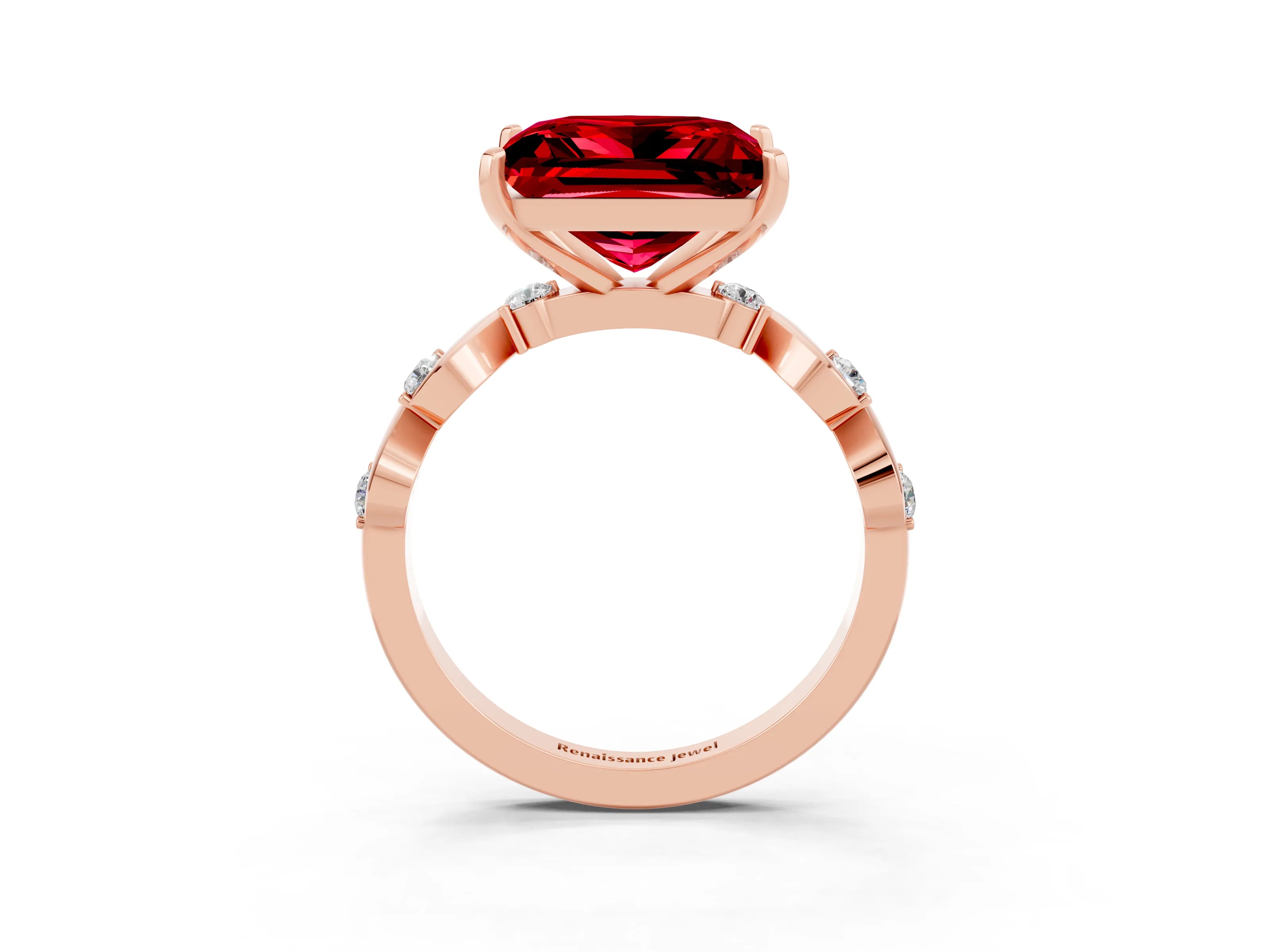 Rose gold Princess Cut Ruby Solitaire Twisted Band with Round  Accents and Prong Setting_15