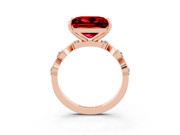 Rose gold Princess Cut Ruby Solitaire Twisted Band with Round  Accents and Prong Setting