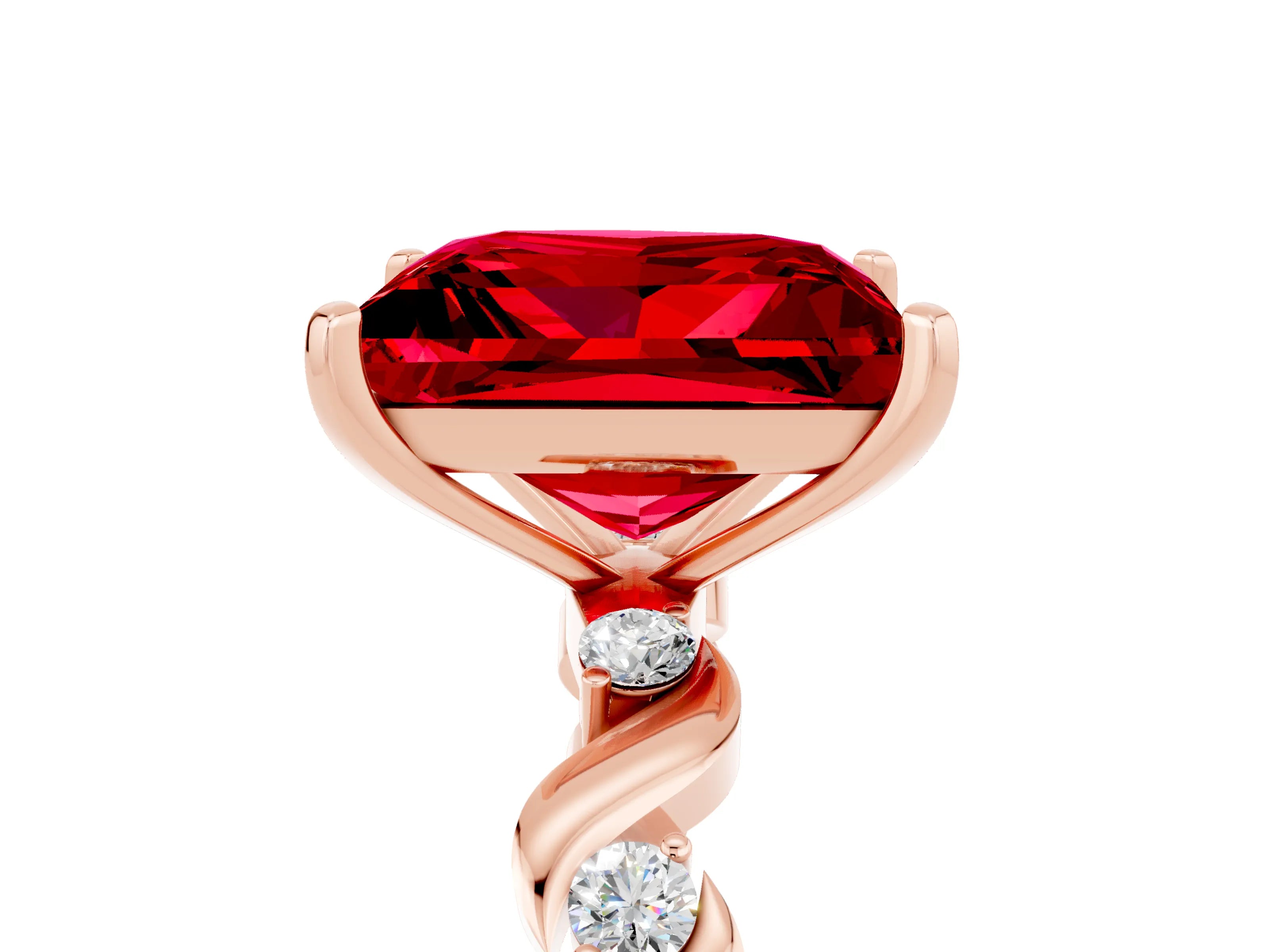 Rose gold Princess Cut Ruby Solitaire Twisted Band with Round  Accents and Prong Setting_17