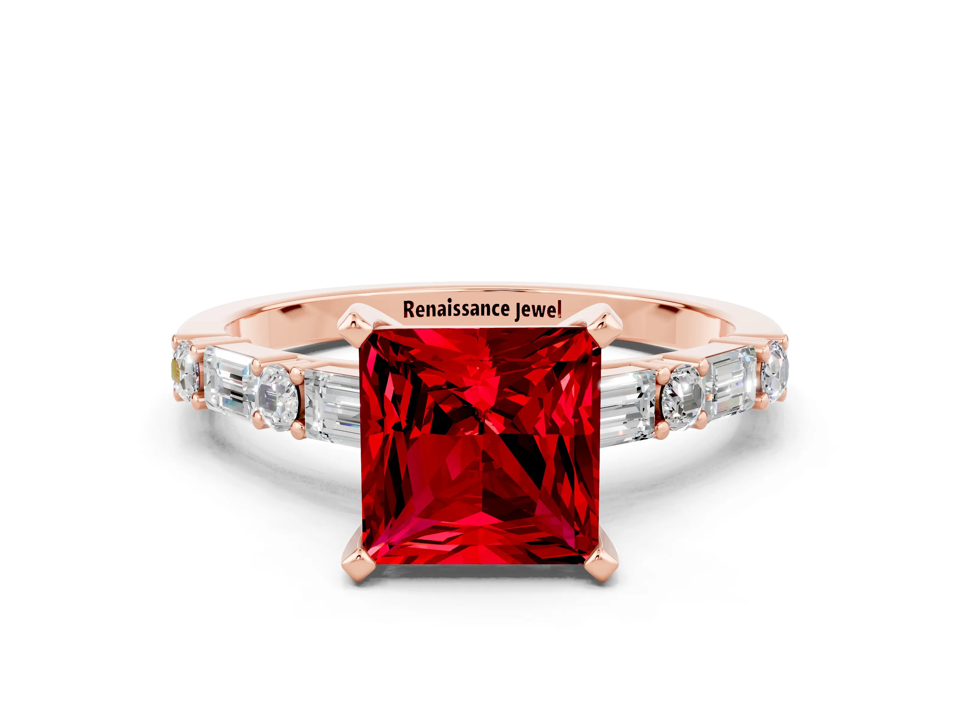 Rose gold Princess Cut Ruby Solitaire with Side Baguettes and Channel Set Band