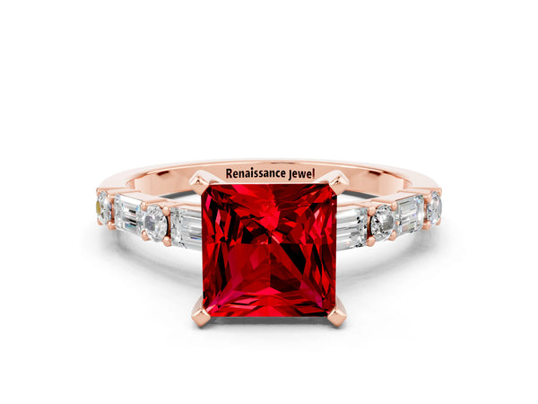 Rose gold Princess Cut Ruby Solitaire with Side Baguettes and Channel Set Band